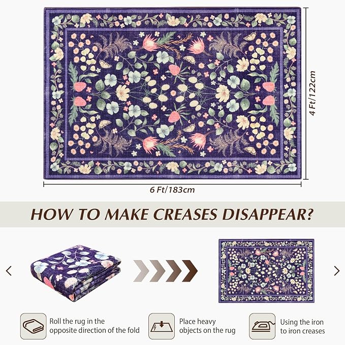 Purple Area Rugs for Living Room, Non-Slip 4x6 Vintage Rug for Bedroom - Image 2