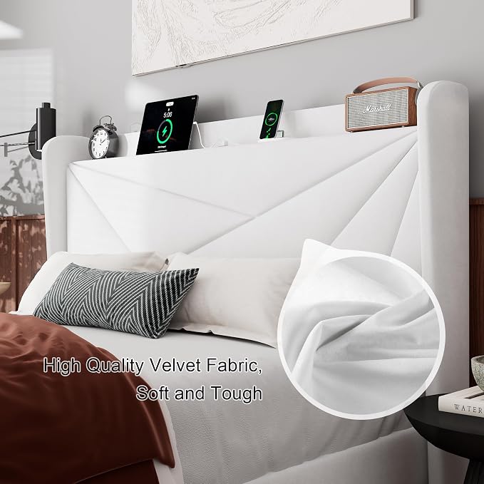 Feonase Full Bed Frame with Charging Station, Velvet Upholstered Platform - Image 5