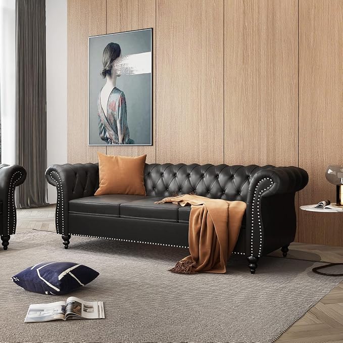 Chesterfield 3 Seater Sofa, Modern Leather Tufted Couch 3 Seater - Image 5
