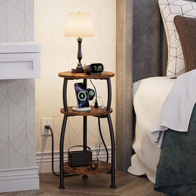 Round Side Table with Power Outlet & USB Ports, 3-Tier End Table with Storage - Image 2