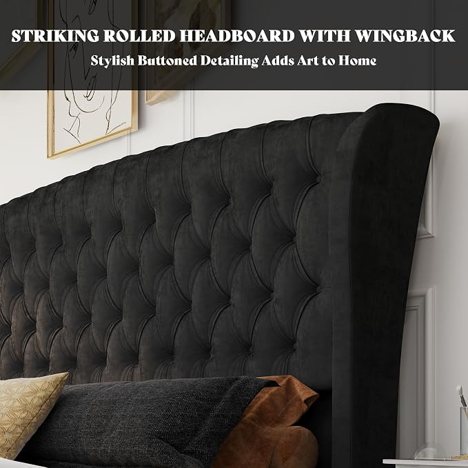 AMERLIFE California King Size Platform Bed Frame, Velvet Upholstered Sleigh Bed - Image 4