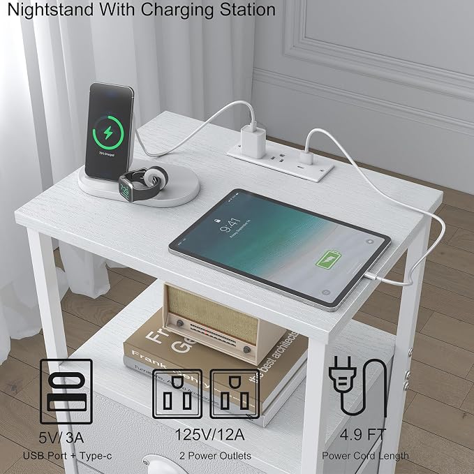 sthmec Nightstand with Charging Station, LED Night Stand with 2 Fabric Drawers - Image 4