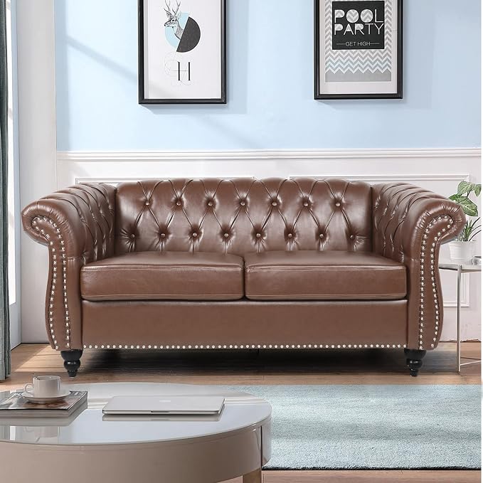 LEVNARY Leather Sofa, Chesterfield Tufted Upholstered 2 Seater Couch, Modern by LEVNARY