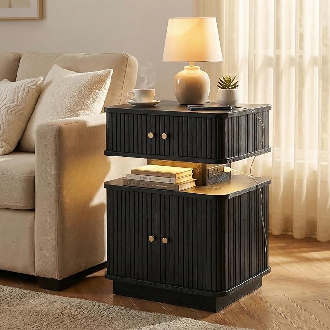 LED Nightstand Set of 2, Fluted Night Stand - Image 4