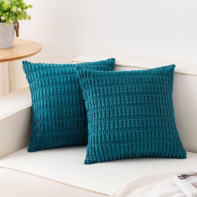 Pack of 2 Corduroy Decorative Throw Pillow Covers 18x18 Inch, Turquoise | Fall by Unknown