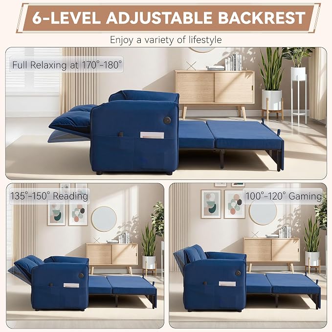 63" Velvet 3 in 1 Convertible Sleeper Sofa Bed, Pull Out Couch Bed Loveseat - Image 5