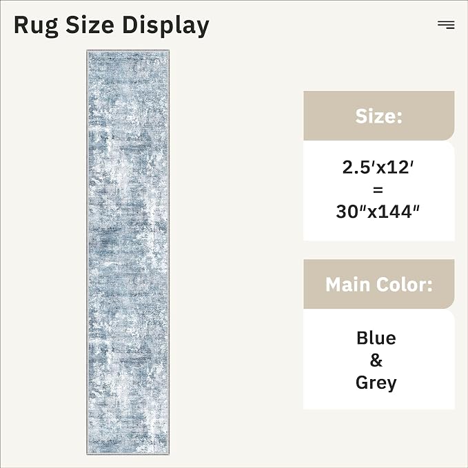 Soalmost Hallway Runner Rug 2'6" x 12' Kitchen Rugs Abstract Blue/Grey | - Image 5