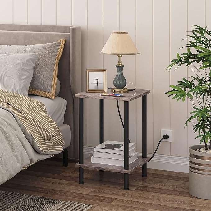 HOOBRO Side Table with Charging Station, Nightstand with 2-Layer Storage Shelves - Image 2