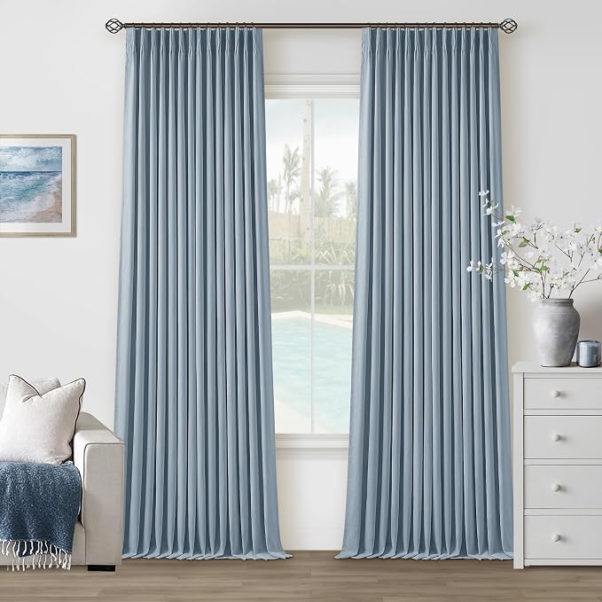 Dusty Blue Pleated Linen 100% Blackout Curtains 102 Inches Long by Twodrapes