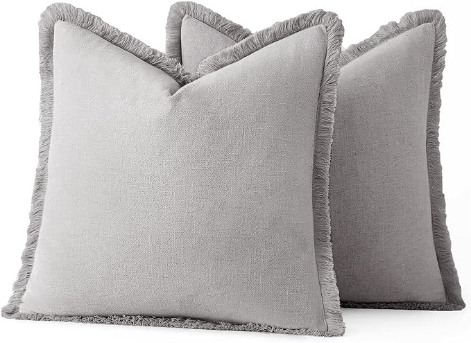 MIULEE Boho Linen Fringe Decorative Throw Pillow Covers Light Grey 18x18 | Set - Image 6
