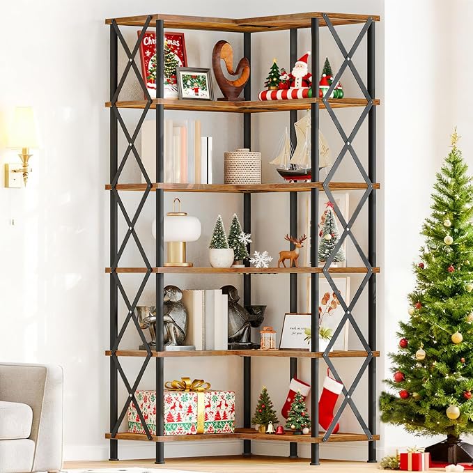 HOOBRO Corner Bookshelf, 6-Tier L-Shaped Bookcase, Industrial Open Display - Image 2