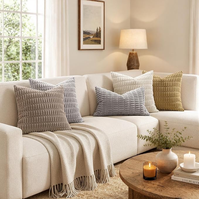 MIULEE Corduroy Decorative Throw Pillow Covers 16x16 Light Grey Pack of 2 | - Image 3