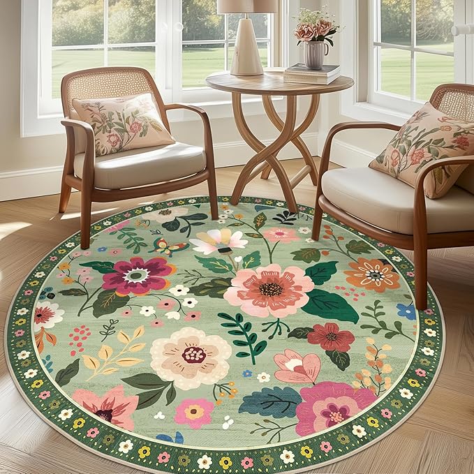 RELEANY Floral Washable Round 4ft Area Rug LightGreen | Flower Carpet Print - Image 9
