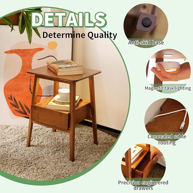 Fluted Nightstand with Drawer – Tall Solid Bamboo Bedside Table with Open Shelf - Image 8