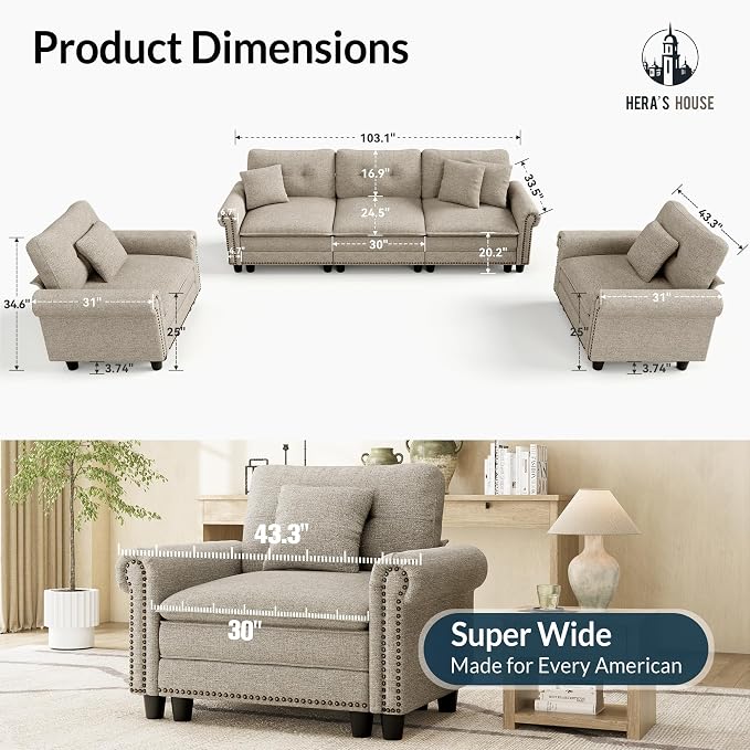 HERA'S HOUSE 3 Pieces Modular Sectional Sofa Sets, Oversized Couch Set - Image 9