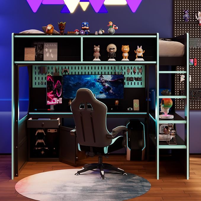 Modern Gaming Loft Bed with Built-in Desk, LED Lighting & Charging Hub –Twin by Unknown