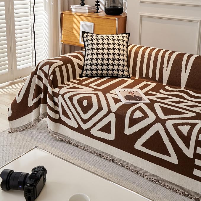VClife Boho Couch Cover, Reversible Brown Geometric Checkered Sofa Cover - Image 7
