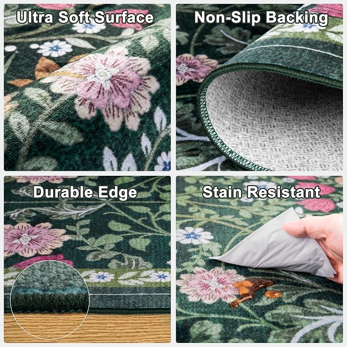 PLHXFR 2x5 Washable Runner Rug：Floral Indoor Kitchen Carpet Dark Green | - Image 8