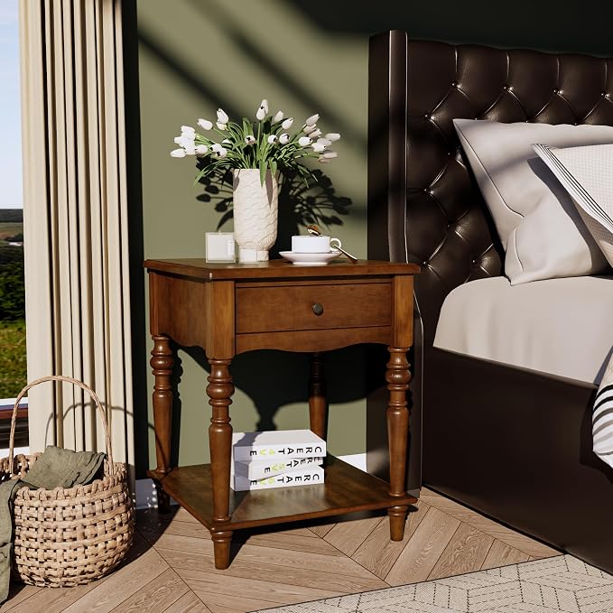 End Table with Drawer and Storage Shelf, Solid Wood Sofa Side Table, Square - Image 3