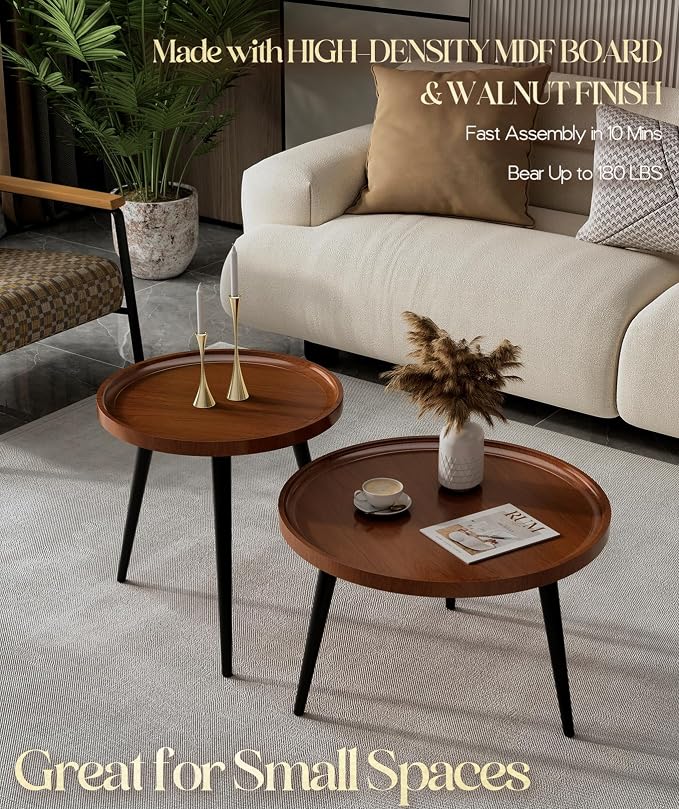 2-Piece Walnut Coffee Table, Durable Mid Century Small Round Coffee Tables - Image 2