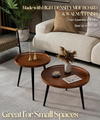 2-Piece Walnut Coffee Table, Durable Mid Century Small Round Coffee Tables - Image 2