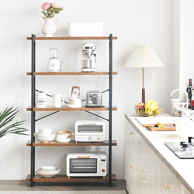 HCHQHS Bookshelf, 5-Tier Industrial Bookcase, Rustic Open Book Shelf, - Image 4
