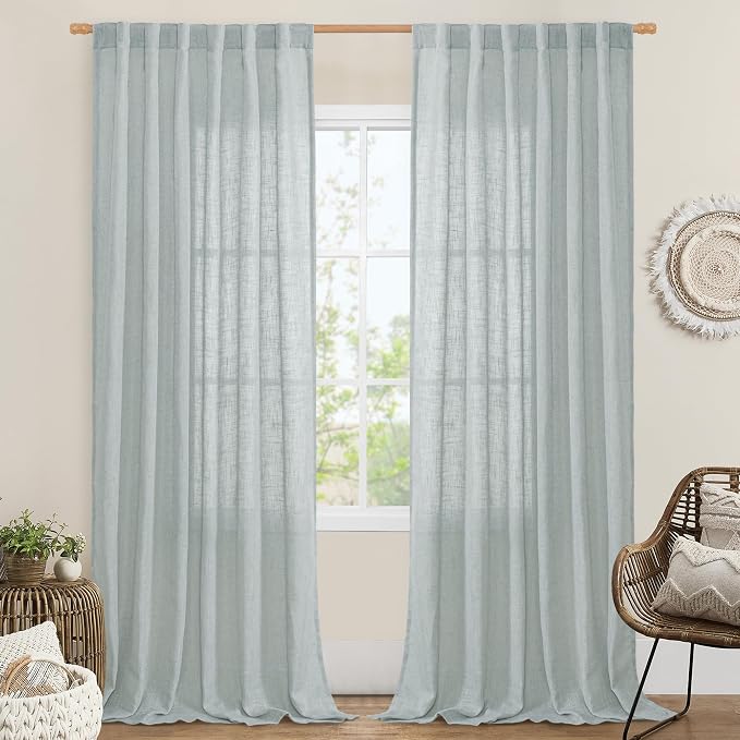 Greyish Blue Linen Curtains for Bedroom 84 Inch Length 2 Panels | Faux Linen by LAMIT