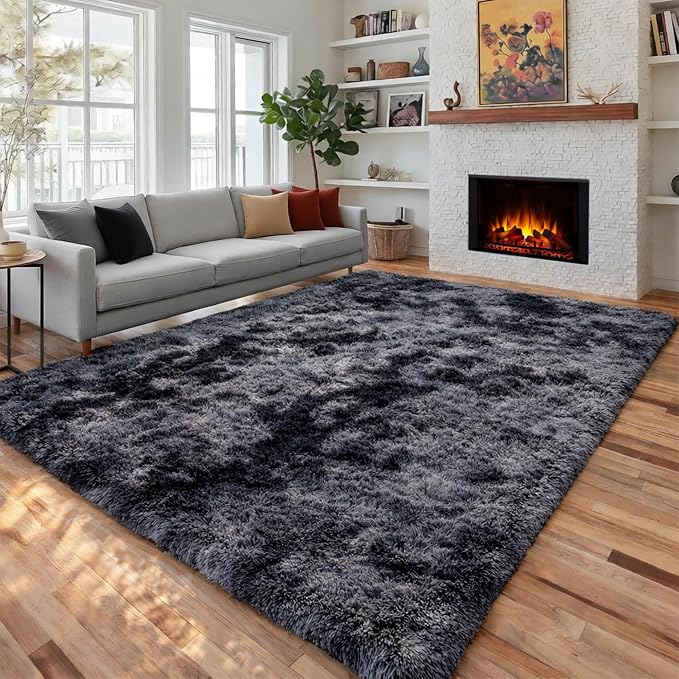 Abstract Fluffy Shaggy Rugs for Living Room Kids Room 5x8 Ft, Tie-Dyed Grey | by PAGISOFE
