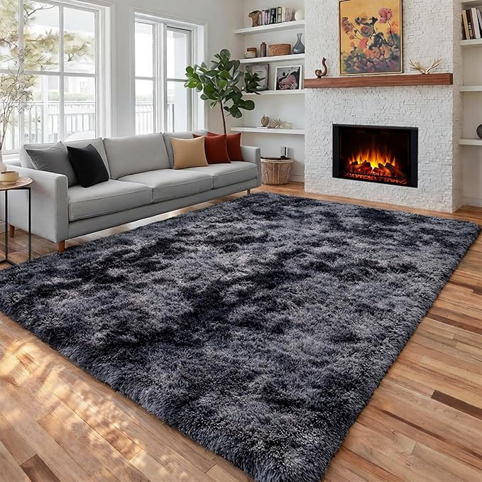 Abstract Area Rugs for Living Room 4x6, Plush Furry Tie-Dyed Dark Grey Rugs | by PAGISOFE