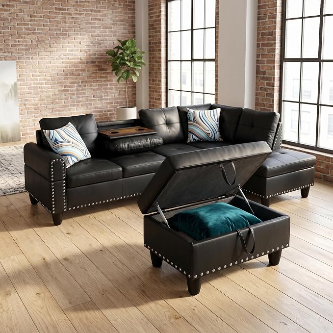 97.5" Leather L Shaped Couch Set Black, Modular Sectional Couches - Image 7