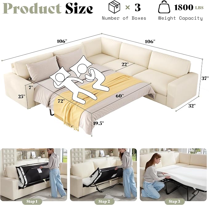 AMERLIFE 106" Oversized Sofa Bed, Sectional Sleeper Sofa - Image 2