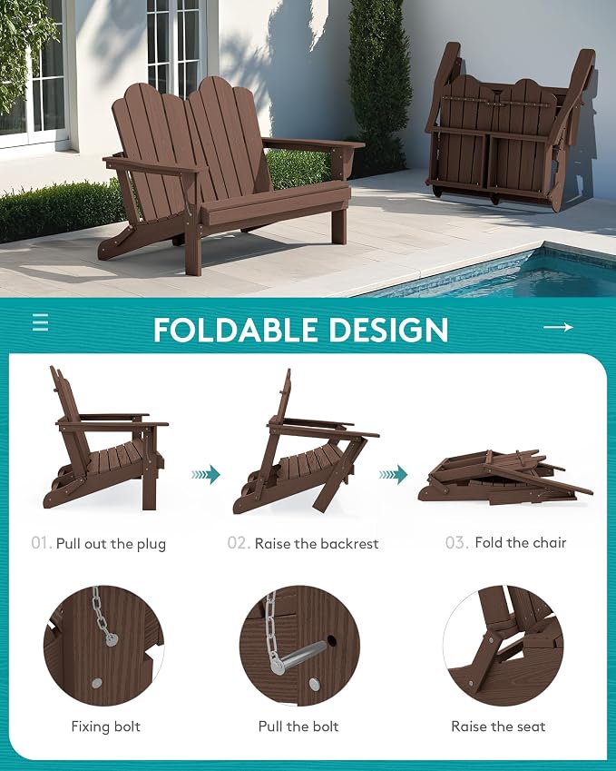 SERWALL 3 Pieces Patio Adirondack Bench Set, 2 Folding Adirondack Bench & 1 - Image 3