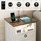 Nightstand with Charging Station, Farmhouse End Side Table with 3 Drawers and - Image 5