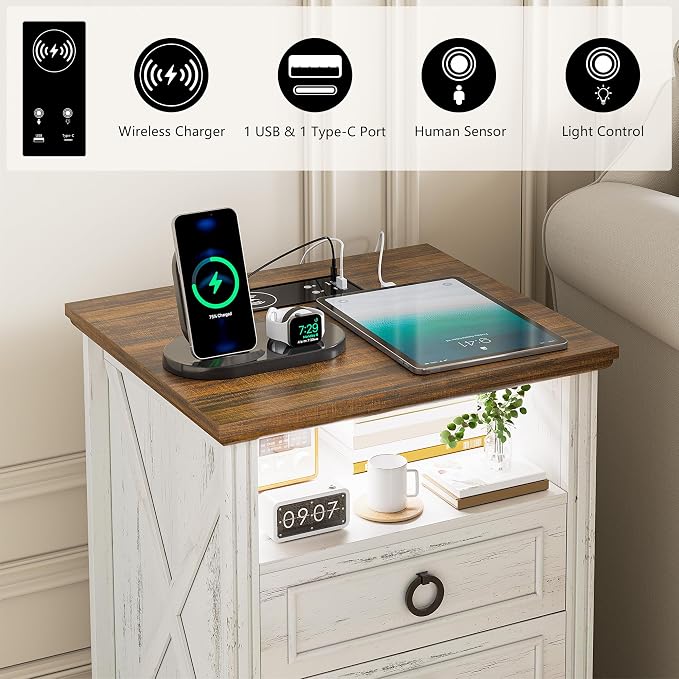 Nightstand with Charging Station, Farmhouse End Side Table with 3 Drawers and - Image 5