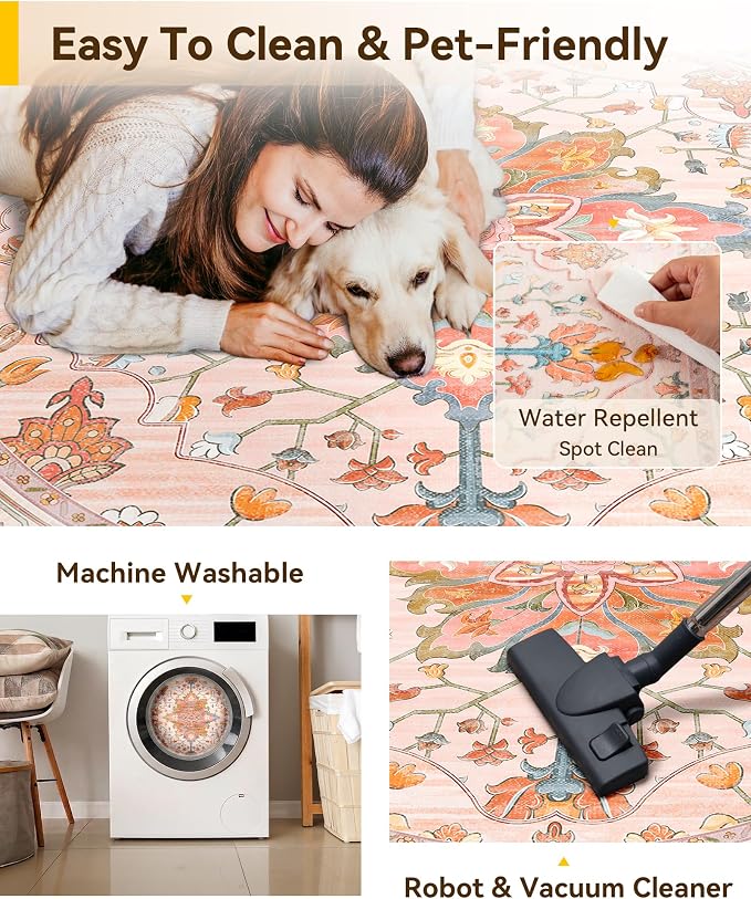 RELEANY Washable Area Rug, Round 5ft, Water Repellent, Pet Friendly, Vintage - Image 5