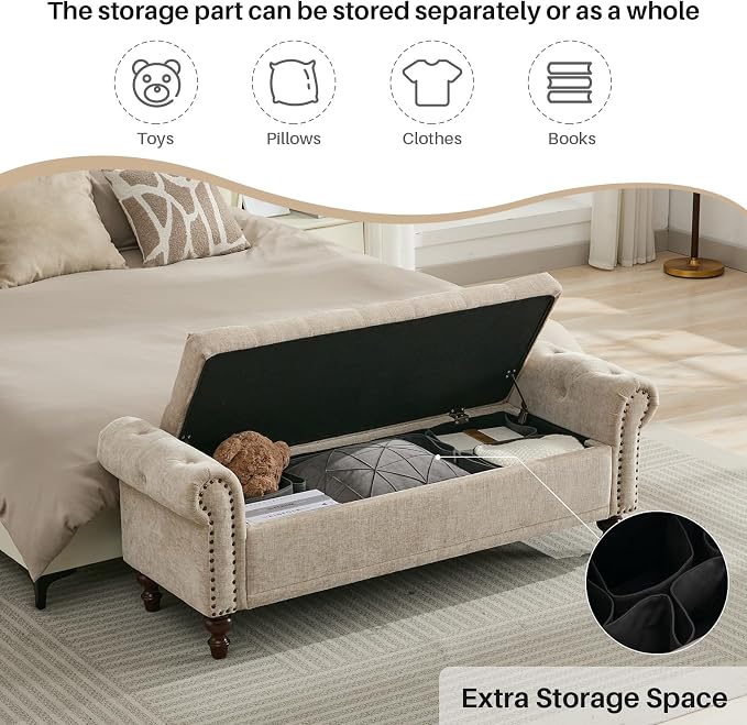 SOFTHION 58.1" Storage Bench Upholstered Chenille End of Bedroom Bed Bench - Image 3