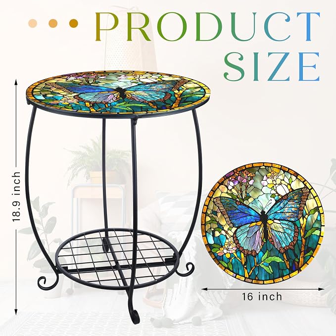 Cinnvoice Outdoor Side Table Round Small Mosaic Patio Accent Indoor End Plant - Image 3