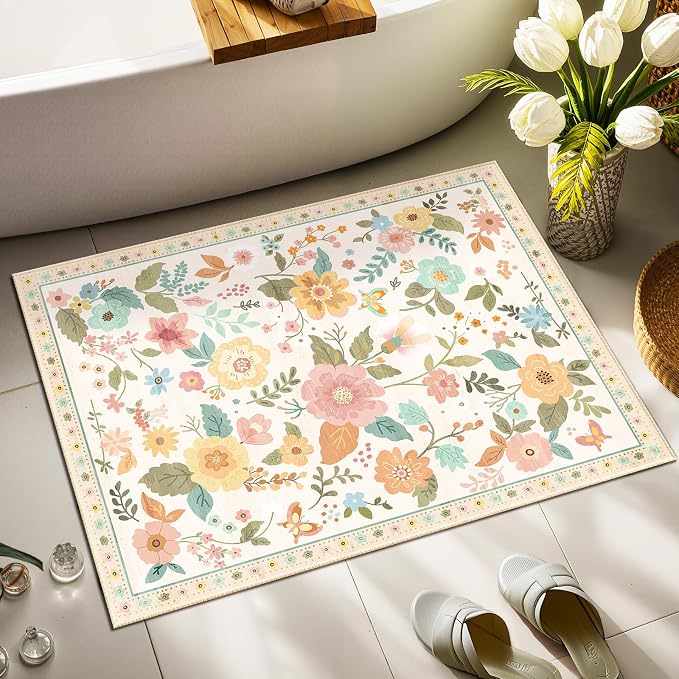 RELEANY Floral Washable 2x3 Area Rugs Doormat Beige/White/Orange | Flower - Image 6