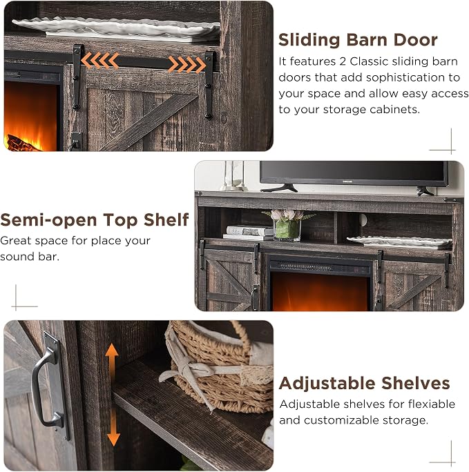 OKD Fireplace TV Stand for 65+ Inch TV, Rustic Media Console w/Sliding Barn - Image 3