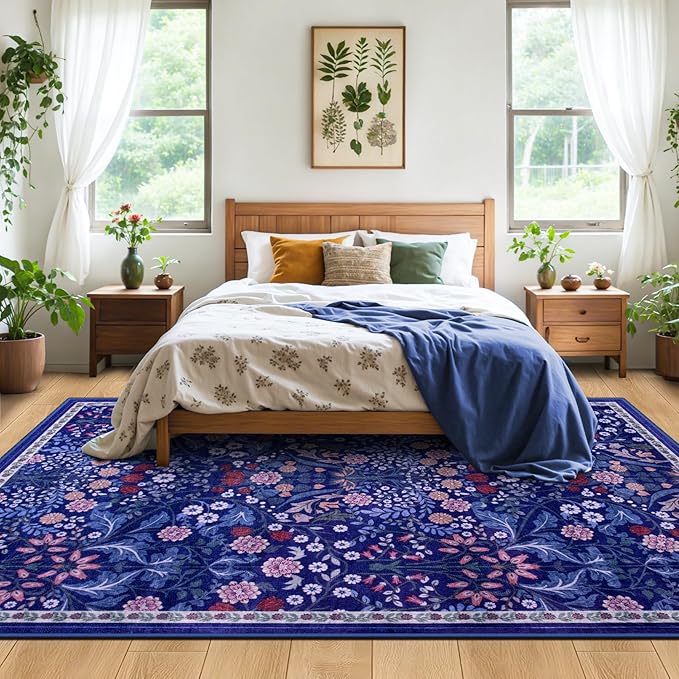 PLHXFR Area Rug 9x12 Living Room: Floral Washable Boho Soft Carpet Blue | - Image 3