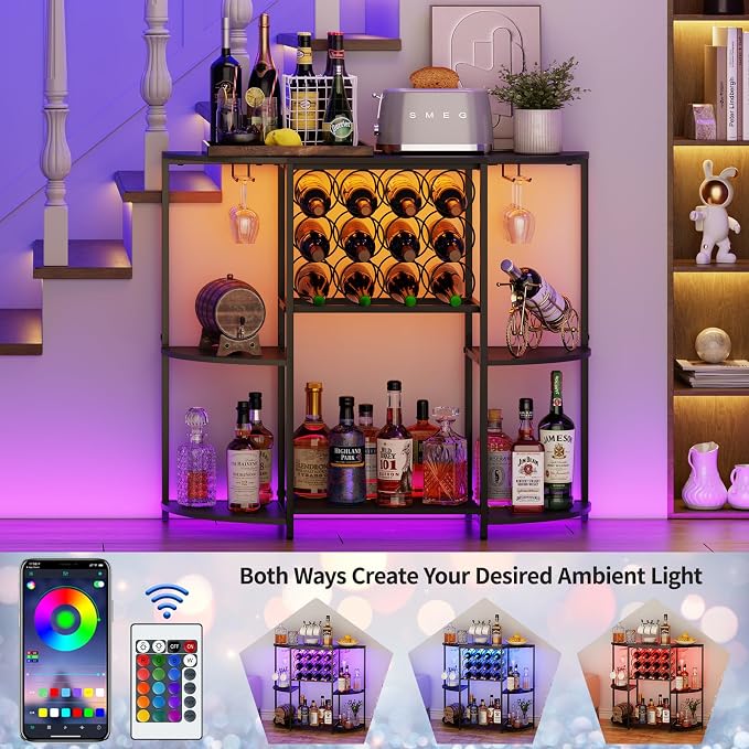 JKsmart Wine Bar Cabinet with LED Lights, Mini Wine Bar Cart with Storage and - Image 2