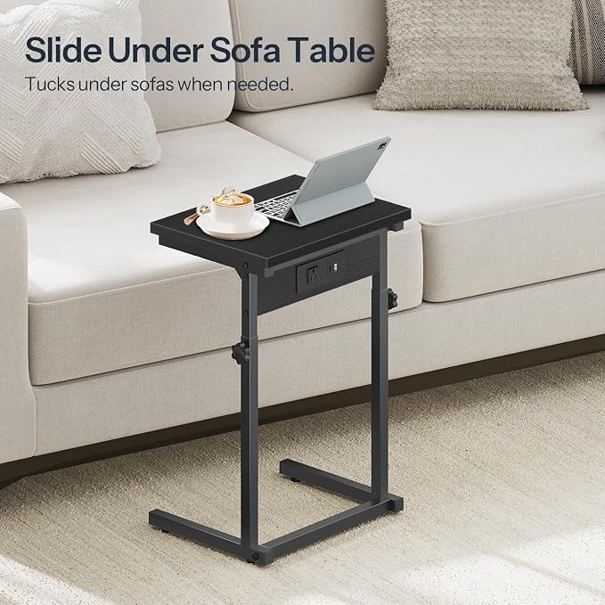HOOBRO C-Shaped End Table with Charging Station, Adjustable Height Sofa Tray - Image 6