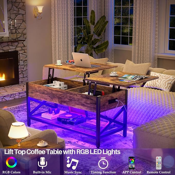Aheaplus Coffee Table with LED Light and Power Outlet, Modern Lift-Top Center - Image 3