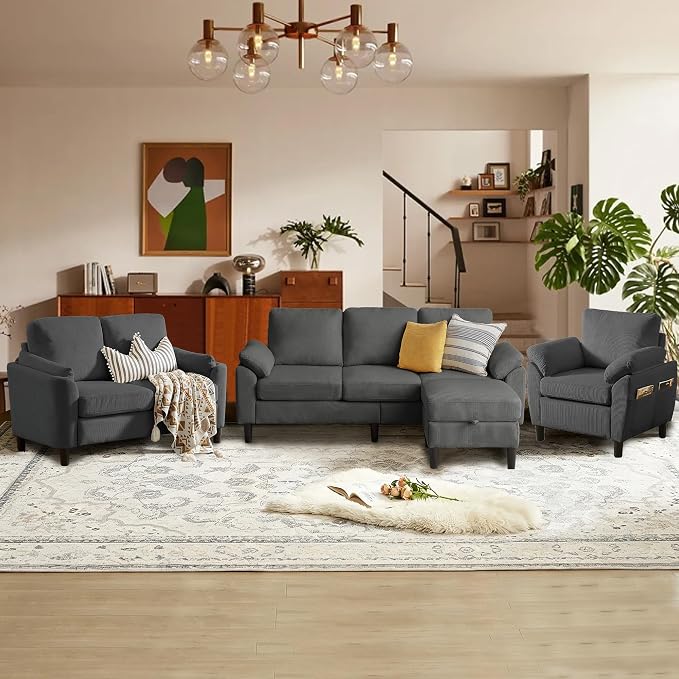 4 Piece Modern Corduroy Sofa Set, L-Shaped Sectional Couch by Firmacielu-CorduroyComfortableLivingRoomSofasforModernHome