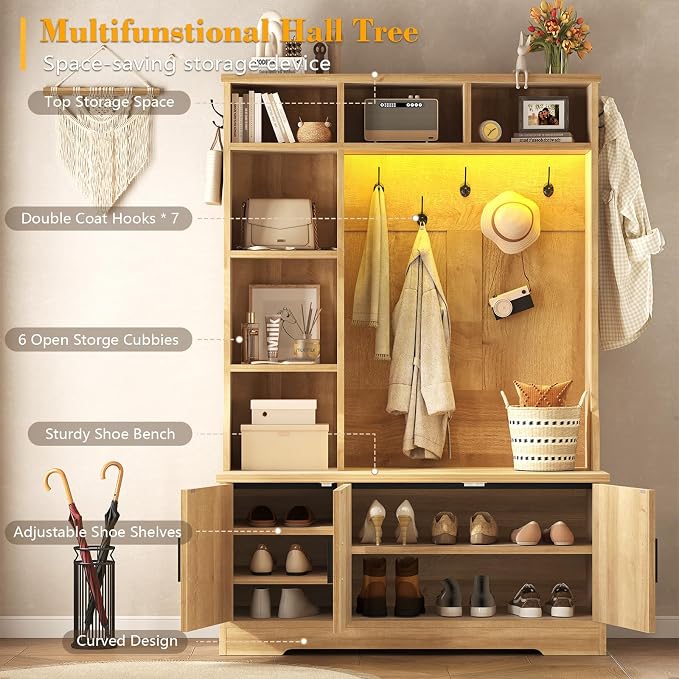 CSZZD Hall Tree with Bench and Shoe Storage, Fluted Entryway Bench with Coat - Image 2