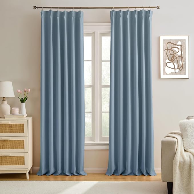 Dusty Blue Pinch Pleated Curtains 144 Inches Long Room Darkening Draperies by KEQIAOSUOCAI