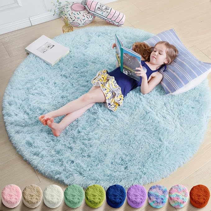 Amdrebio Light Blue Large Shag Plush Round Rug 6Ft by Amdrebio