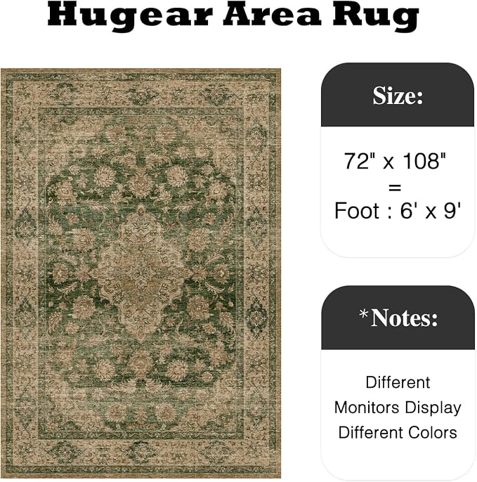 6x9 Green Retro Floral Washable Area Rug - Image 2