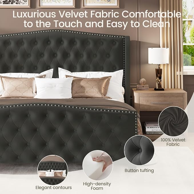 LARMACE Queen Size Bed Frame Velvet Upholstered Platform Bed - Image 5