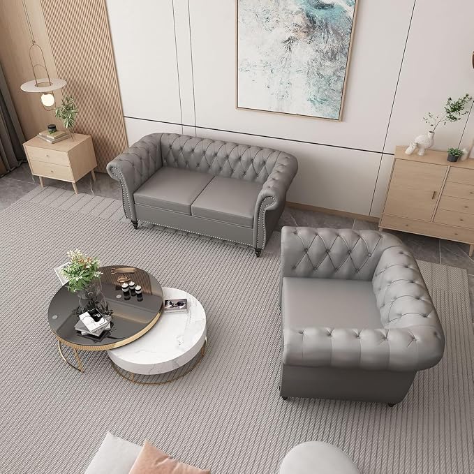 Chesterfield Loveseat Sofa, Modern Leather Small Sofa Couch 2 Seater - Image 7
